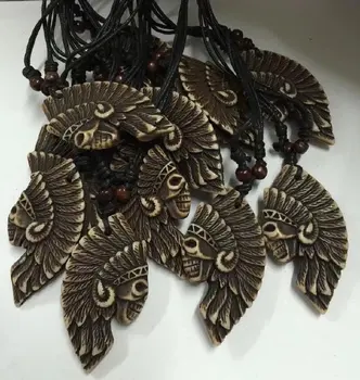 15 шт. Ожерелье с подвеской из кости Яка, вырезанной из смолы, голова вождя племени индейцев, Регулируемый черный восковой хлопковый шнур