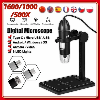 1600/1000/500X Цифровой микроскоп для пайки USB Электронный микроскоп для ремонта мобильных телефонов Светодиодная лупа на подставке для камеры