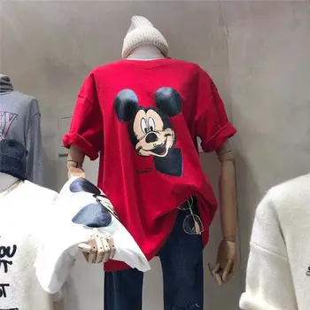 2022 Женская футболка из плотного бархата Disney Brushed plus с короткими рукавами и Микки средней длины, свободный топ с аниме в корейском стиле ранней весны