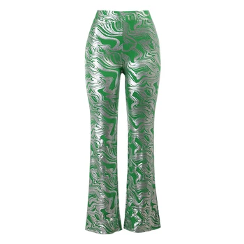 2022 Осенние брюки-клеш с высокой талией, женские модные зеленые брюки с принтом Пейсли, тонкие длинные брюки, уличная одежда, повседневные брюки