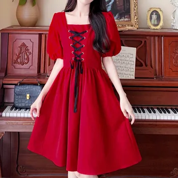 2023 Винтажное Красное платье с коротким рукавом и квадратным вырезом, женская одежда, Летнее милое платье большого размера с тонкой талией, платье трапециевидной формы с галстуком fp844