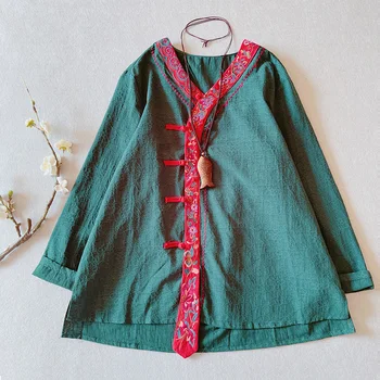 2023 Женская рубашка из хлопка и льна, кардиган с V-образным вырезом и вышивкой в китайском стиле, кардиган с длинными рукавами, повседневная весенне-летняя тонкая блузка, женская блузка.