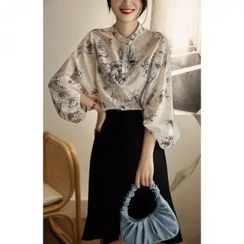 2023 Летняя женская блузка с цветочным принтом, нишевый дизайн, Свободная рубашка с планкой спереди, женская элегантная одежда.