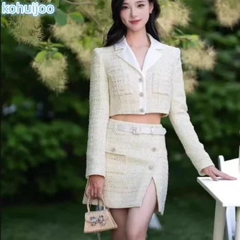 2023 Осенний костюм, Женская Корейская одежда с длинным рукавом, Женское Твидовое шерстяное пальто, юбка с разрезом, Модные комплекты из двух частей