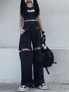 2023 Черные брюки-карго, женская уличная одежда, открытые панк-брюки с широкими штанинами и карманами, брюки для женщин в стиле хип-хоп