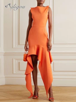Ailigou 2023 Новое Летнее женское Оранжевое Сексуальное облегающее бандажное платье без рукавов с асимметричными оборками по краю, элегантное праздничное платье знаменитостей