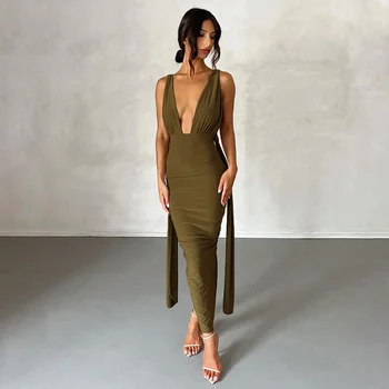 Feng 2023 Летнее новое женское модное платье с V-образным вырезом и открытой спиной, сексуальное платье с запахом в стиле хип