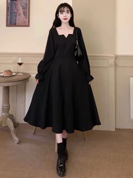 HOUZHOU Черное винтажное платье, Женские свободные Элегантные платья с длинными рукавами, Корейский модный Однотонный Женский халат с квадратным воротником и рукавами-лепестками