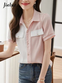 Jielur Летняя Новая Корейская простая женская рубашка контрастного цвета, милая Женская элегантная рубашка, женский модный Свободный повседневный шифоновый топ