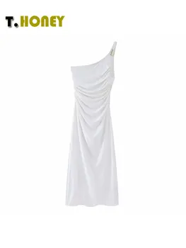 TELLHONEY, женская мода, Асимметричные складки, Белое платье миди, женские шикарные платья без рукавов с высокой талией, трапециевидной формы