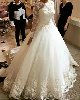 Vestido De Noiva 2023 Винтажное свадебное платье с прозрачной спинкой и длинными рукавами, расшитое кружевом, расшитое бисером, хрустальные свадебные платья Robe De Mariee