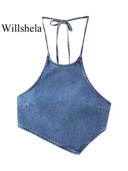 Willshela, женский модный джинсовый укороченный топ с открытой спиной, винтажный топ без рукавов, Шикарный женский укороченный топ