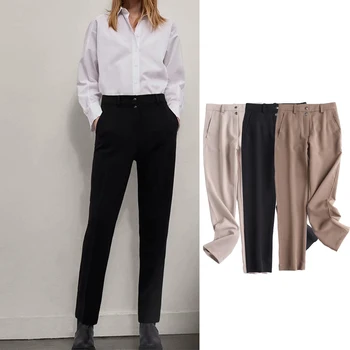 ZA 2020, новинка весны, осень, 3 цвета, бежевые узкие брюки, женские брюки с высокой талией и прямыми штанинами, повседневные брюки, уличная одежда