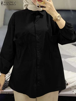 ZANZEA, модная женская мусульманская рубашка, Весенние топы с однотонной Абайей на пуговицах, Элегантная блузка с лацканами, Винтажная праздничная сорочка Рамадан
