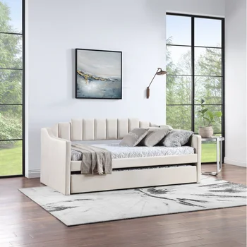 Бежевая бархатная кушетка с мягким ворсистым диваном-кроватью, оба двухместных размера, для внутренней мебели в гостиной