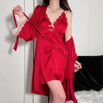 Бордовый Сексуальный свадебный комплект ночной рубашки и халата, Летняя женская пижама, кружевной халат в стиле пэчворк, Ночная рубашка на подтяжках, Повседневное Домашнее платье