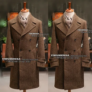 Весенне-осенний Коричневый мужской костюм, куртка, военный твидовый полушерстяной тренч, пальто в елочку, Двубортное пальто, блейзер, смокинги