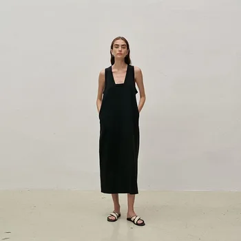 Весной и летом 2023 года Новое женское повседневное Свободное простое платье-жилет без рукавов с квадратным воротником