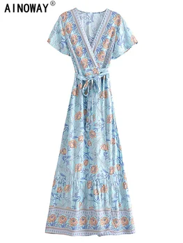 Винтажный шикарный женский цветочный принт с перекрестным V-образным вырезом, пляжные богемные платья Макси, халат, женские оборки, плиссированное платье в стиле бохо, Vestidos