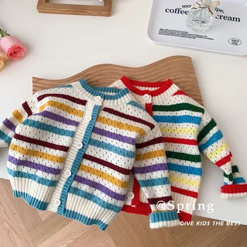 Детская одежда 2023, новый модный вязаный кардиган для девочек, весенне-осенний детский полосатый свитер, детский повседневный свободный Милый топ