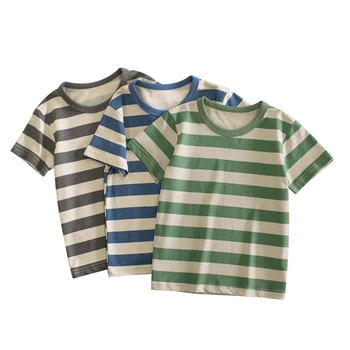 Детская футболка, летние модные однотонные футболки в полоску для девочек, хлопковые топы с короткими рукавами для мальчиков, повседневная детская одежда от 1 до 6 лет