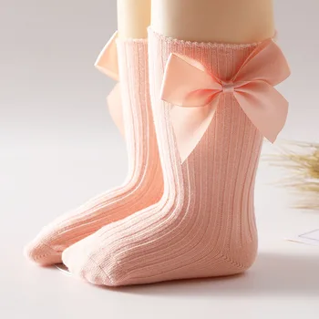 Детские Носки с милым бантиком, Зимние Осенние Мягкие хлопчатобумажные Носки для маленьких Девочек, Аксессуары, однотонные Носки для малышей 0-12 месяцев