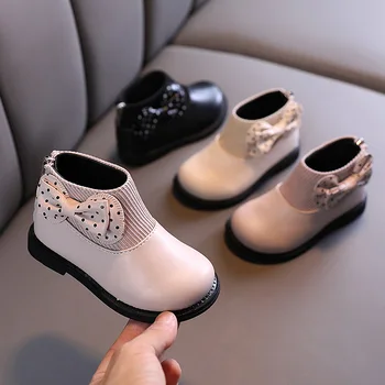 Детские хлопчатобумажные ботинки, зимняя обувь для девочек, детские кожаные ботинки на мягкой подошве, детские плюшевые короткие сапоги с милым бантом, бесплатная доставка