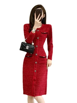 Дизайнерская осенне-зимняя одежда 2023 года, красное рождественское платье, женские элегантные трикотажные платья Миди с круглым вырезом и длинным рукавом