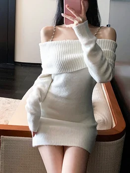 Женская одежда, элегантное вязаное платье-свитер, женское облегающее тонкое мини-белое платье Y2k, повседневная вечеринка, Корейская мода с длинным рукавом