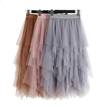 Женская плиссированная юбка принцессы из тюлевой сетки, женские летние юбки-пачки, нерегулярные плиссированные прозрачные юбки макси