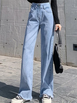 Женские джинсы с двойной пряжкой и высокой талией, необработанный край денима, Весна 2022, Новые брюки, Прямые Свободные брюки на высоком каблуке