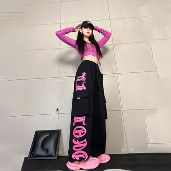 женские спортивные брюки y2k 2023, новый винтажный черно-розовый комбинезон с принтом, женские индивидуальные уличные хип-хоп свободные повседневные спортивные брюки