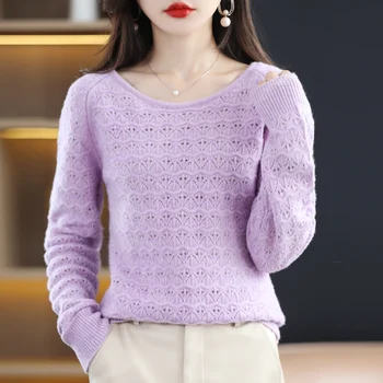 женский свитер из 100% чистой шерсти, вязаный пуловер с длинными рукавами и круглым вырезом, свободное, с полым низом, мягкое модное женское пальто высокого класса