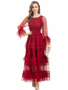 Женское богемное платье с длинными рукавами и оборками, сетчатое сексуальное модное вечернее винтажное элегантное длинное платье, дизайнерское весенне-осеннее высокое качество