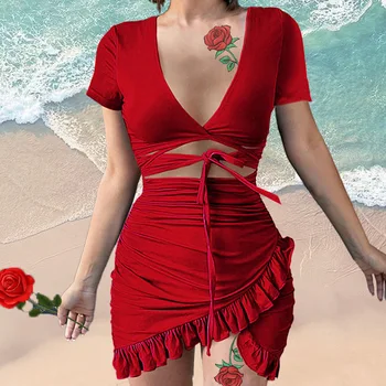 Женское летнее многоцветное платье с V-образным вырезом и цветочным принтом на шнуровке с коротким рукавом