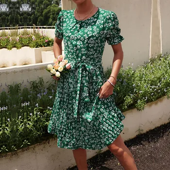 Женское летнее платье с круглым вырезом и цветочным принтом, с коротким рукавом, зеленое плиссированное платье средней длины, женские повседневные платья с оборками для пляжного отдыха и поясом