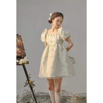 Женское мини-платье принцессы с цветочным рисунком розы, летнее платье для милых девочек с пышными рукавами и квадратным воротником, милая юбка для выпускного вечера Kawai, Короткое платье