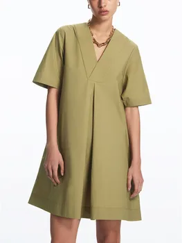 Женское плиссированное платье-футболка с V-образным вырезом, Летнее модное женское свободное платье с коротким рукавом, однотонный повседневный короткий халат