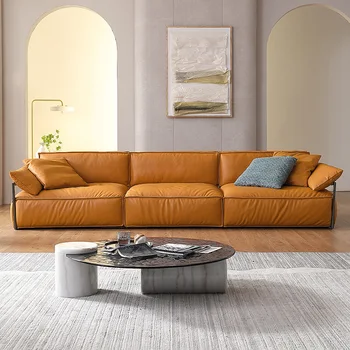 Итальянский диван Napa кожаный прямой ряд для четырех человек оранжевая гостиная Итальянский минималистичный светлый роскошный небольшой диван tofu block