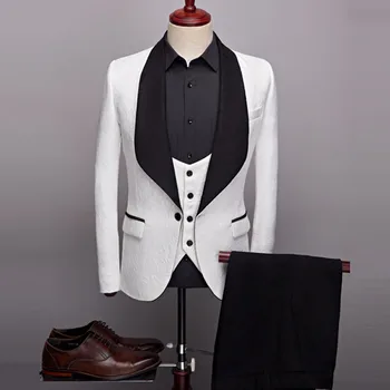 Комплект из 3 предметов, костюм, куртка, жилет, брюки, мужская повседневная одежда, свадебный бутик, Темный узор, Блейзеры с большим черным воротником, пальто, брюки, жилет