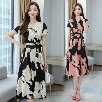 Корейское модное платье с коротким рукавом и цветочным рисунком, женское летнее офисное женское элегантное шифоновое платье миди для вечеринок, повседневные платья трапециевидной формы с принтом