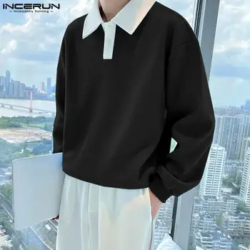 Красивые, Хорошо сидящие топы INCERUN, Новая мужская блузка контрастного цвета, Повседневная уличная одежда, Мужские Рубашки с длинным рукавом, S-5XL 2023