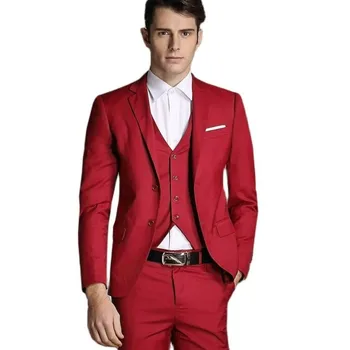 Красный мужской костюм Lansboter, 3 предмета, Корейская версия, приталенное повседневное платье для свадьбы и банкета Жениха, рабочий комплект, куртка, жилет со штанами