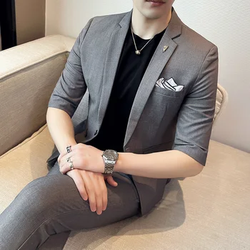 (Куртка + брюки) Высококачественный мужской деловой деловой костюм в корейском стиле, однотонный летний свадебный костюм жениха со средним рукавом
