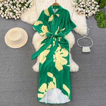 Лацкан с короткими рукавами и поясом в стиле ретро, однобортное платье-рубашка трапециевидной формы с принтом, длинная юбка