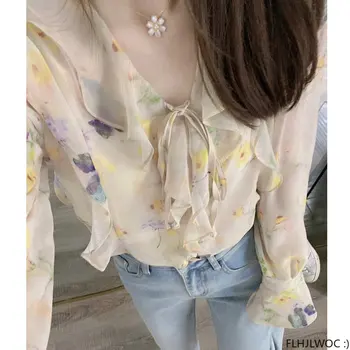 Летние винтажные рубашки в стиле ретро с расклешенными рукавами, милые женские рубашки в корейском японском стиле для девочек, тонкие прозрачные топы с оборками и шикарным галстуком-бабочкой, блузки