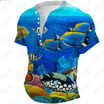 Летняя мужская футболка с коротким рукавом, V-образный вырез, свободный топ на пуговицах, 3D принт, Гавайи, Путешествия, отдых, Мир океана, большие размеры, новинка 2023 года
