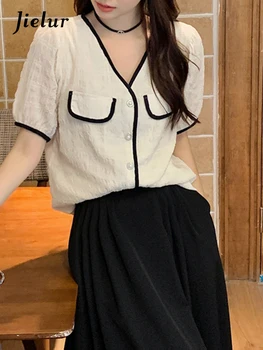 Летняя новинка Jielur, Корейская свободная женская рубашка, Милая Женская элегантная рубашка контрастного цвета, повседневный Уличный Шикарный Базовый топ, женский топ