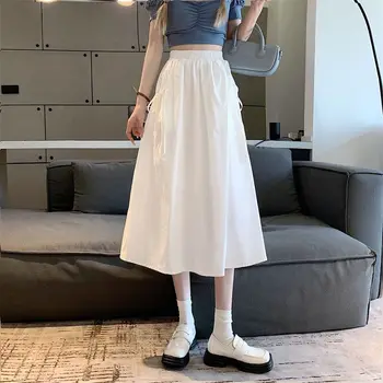 Лето 2023, новая юбка для похудения с эластичной высокой талией в корейском стиле, юбка трапециевидной формы, белое платье миди для женщин, Ins Fashion