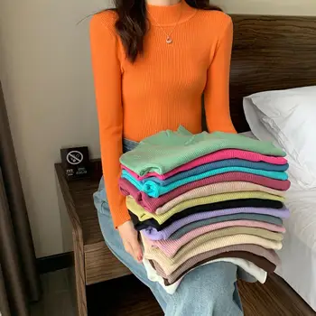 Многоцветные однотонные женские свитера осенний Wintet Новый повседневный тонкий трикотажный пуловер в рубчик с длинным рукавом, топы